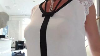 Juli's shirt reveals her boob