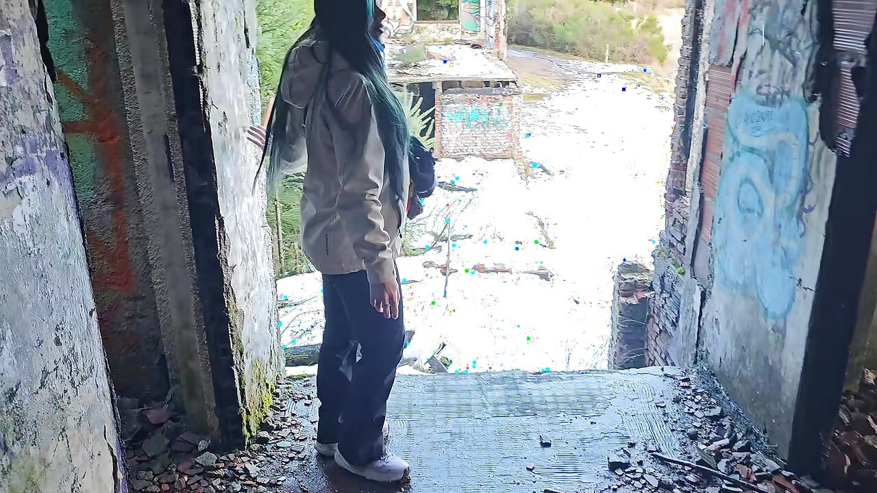 Big ass goth gets fucked in an abandoned hotel - public