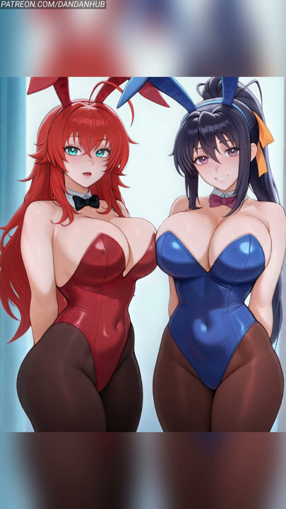 Rias y Akeno Bunny rebotan en el pecho - dxd