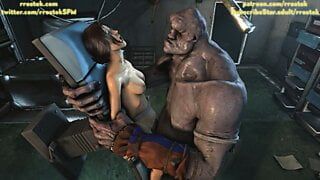 Lara Croft fodida grosseiramente por treinador e um monstro em animação 3d