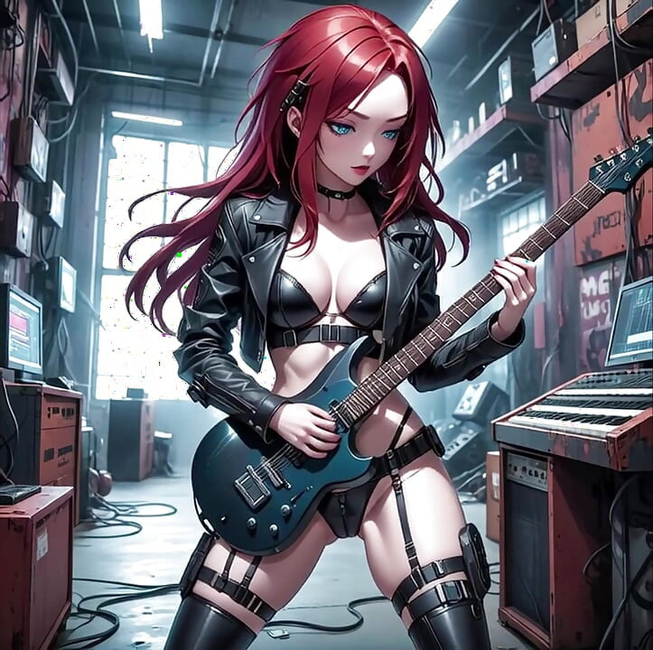 Sexy pelirroja de anime juega en video musical de ia guitarra de metal