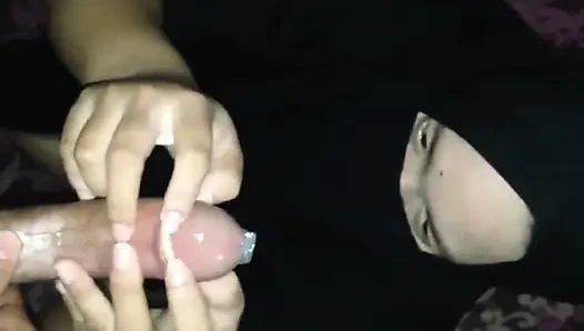 My big cock gets sucked and fucks a big tits girl in a hijab, and I cum on her face.