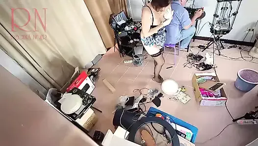 A naked maid is cleaning up in an stupid IT engineer's office. Real camera in office. 1