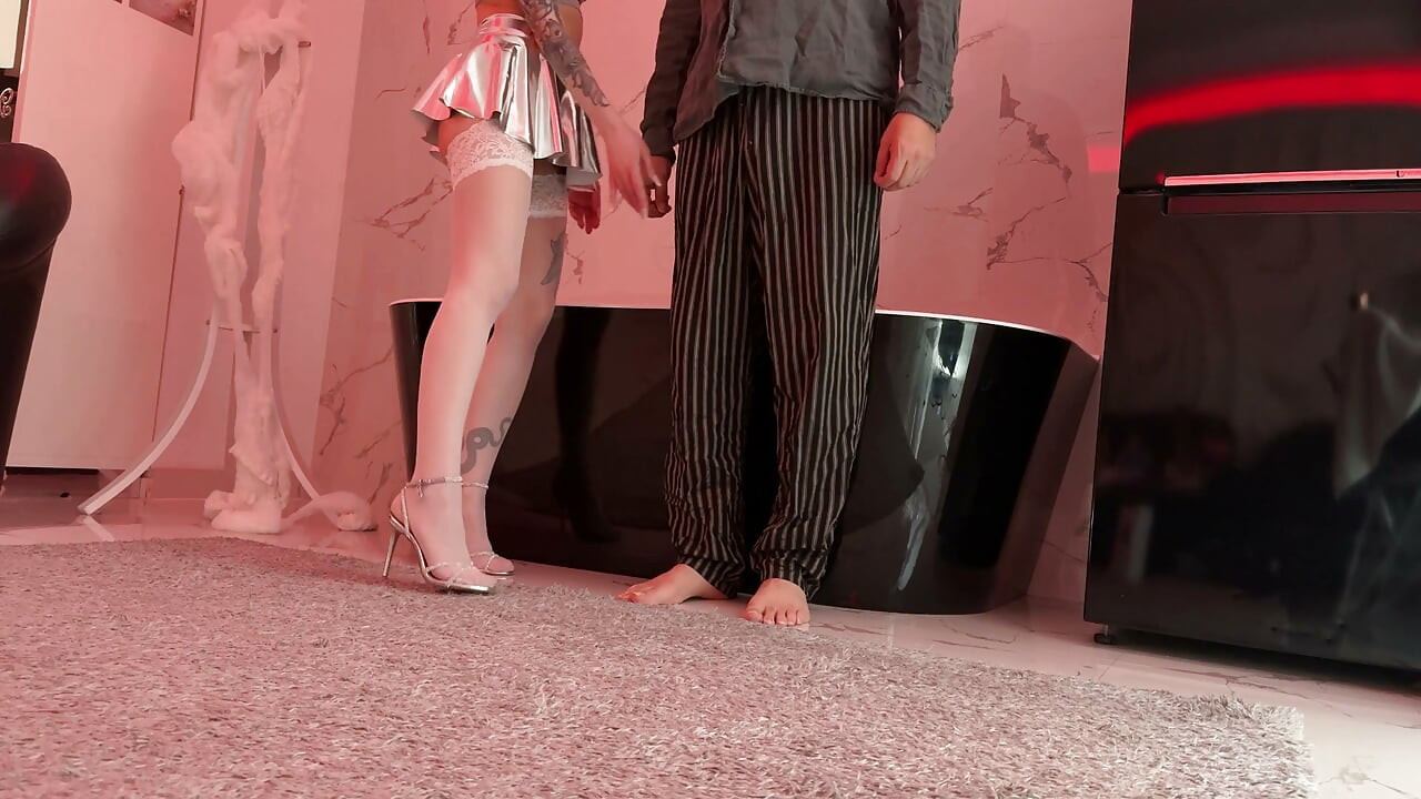 Halloween slut on high heels and raver festival style mini skirt gives balls massage with slow edging handjob for precum