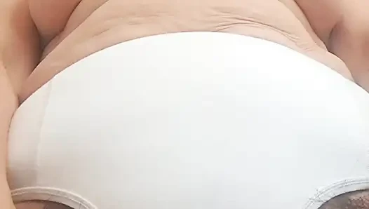 Mature stepmother showing her large panties to stepson on camera