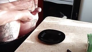 Mother-in-law jerks off my dick in the kitchen getting cum for breakfast