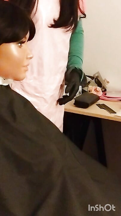 Ebony sex doll Nikki wears barberette capes