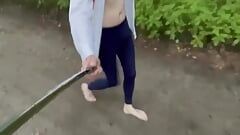 THE DARE! Walking a main forest pathway bare feet in leggings hard cock