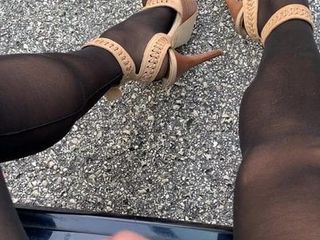 Outdoor fun in Black thigh high and strap heels