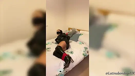 Latina in Leather Boots and Full Leather Outfit Tied Tight and Wrap Gagged