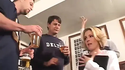 Sexy blonde in college uniform double penetrated ass fucking