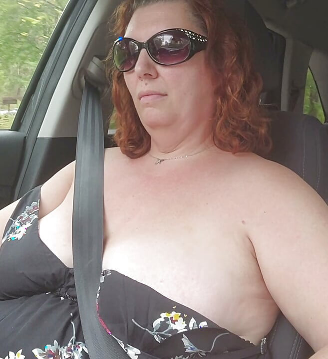 Curvy Hot MILF Driving Through Town and Construction Topless and Playing with Big Natural Tits and Nipples