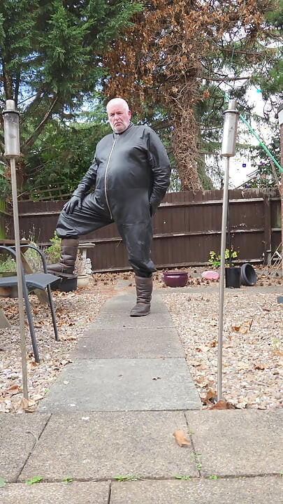 Leather Overalls in the Garden