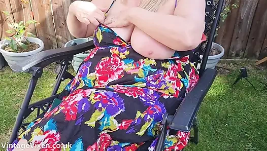 Flirty Aunt Flashes Her Hairy Pussy in the Garden
