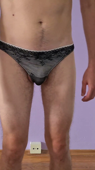 I trying on my wifes panties - hairy dick, touching myself, close up 4K | Clip 1