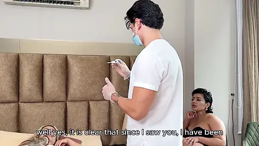 Busty brunette and her round-ass MILF stepmom fuck the nurse's big cock