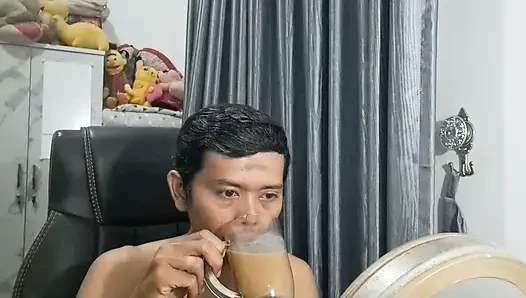 Exotic skinned asian adult male reaction watching jav movie