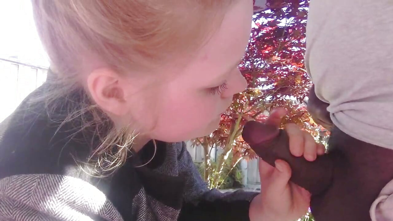 Blond teen sucking Black Cock in Garden Blowjob