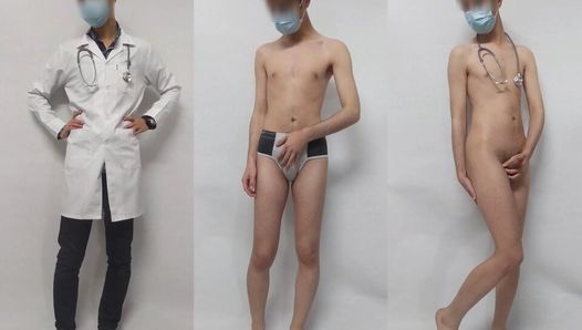 Iranian boy undressing and comparing clothed and nude body (in a doctor's uniform)