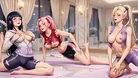 Naruto mädchen yoga-kurs wild gegangen sakura, hinata ino große möpse necken