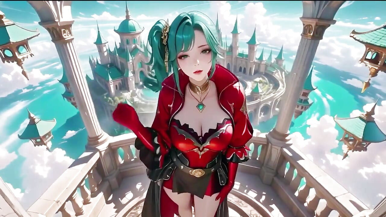 The Red-clad Blade's Private Tease! Green-haired Warrior in a Black-red Battle Robe, Commanding yet Shy on the Floating Terrace.