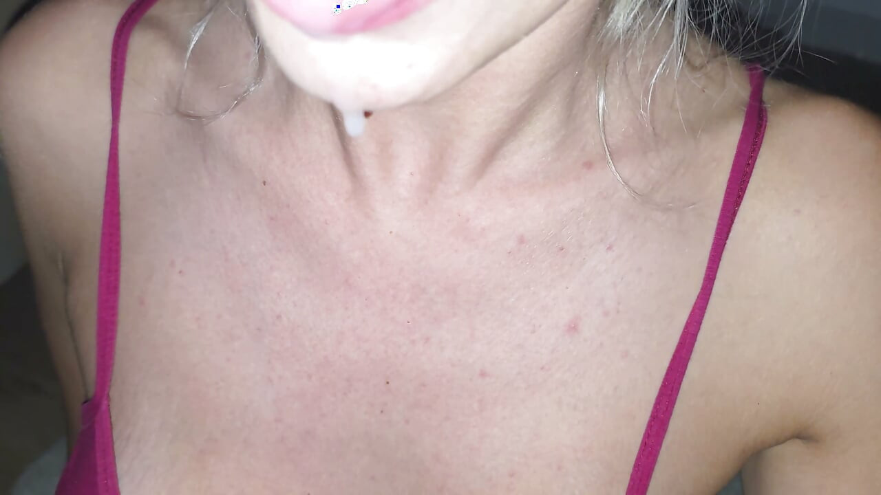 Busty wife suck my dick before bed, huge cumshot in mouth