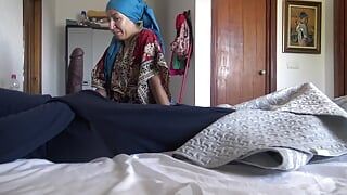 This Turkish granny is SHOCKED !!! I take out my big cock in front of her.