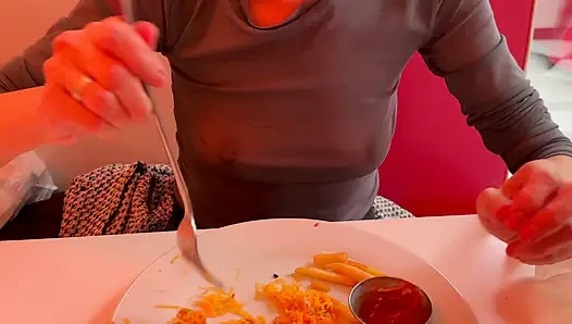 Having lunch in a restaurant wearing totaly sheer top exposing my pierced nipples and sexy boobs
