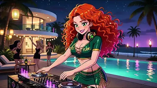 AI-DJ-Mädchen auf privater exklusiver party - Strand Sunset + Tron TRON + Tokio Neon