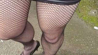 Squirt through fishnets in public. Walk and wank outdoors.