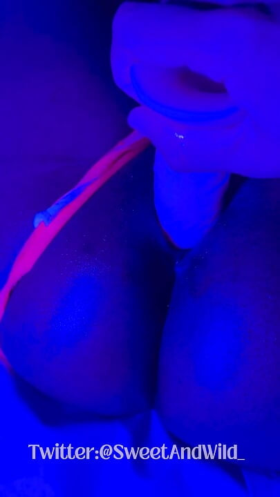 Ebony Goddess Leaking: Neon Thong & Dildo Squirt