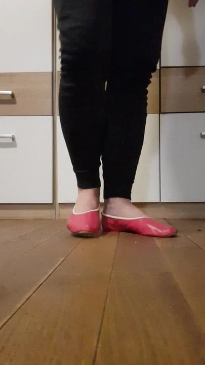 Fetish wearing pink leather gymnastic slipper flats
