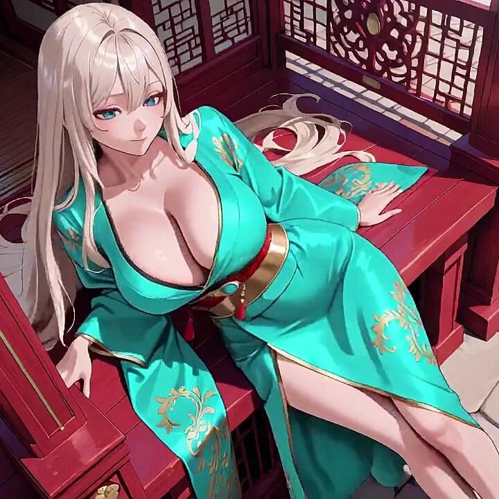 Blonde in a Green Kimono! Lazy Terrace Reading, off-shoulder Design Is Too Sinful!