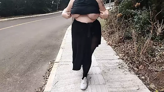 My stepmother in transparent pants without panties showing off on the street.