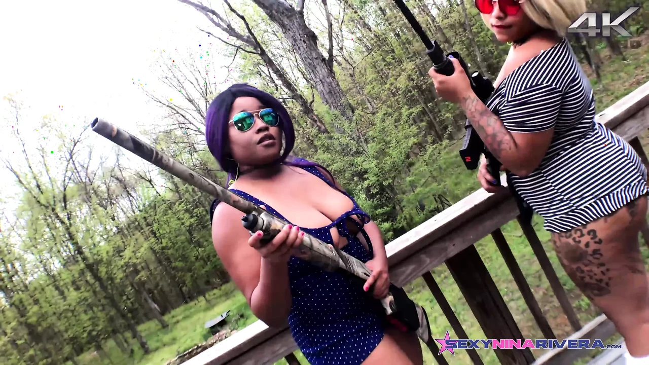 Layla Red takes advantage of Nina Rivera 's pussy with her strapon in the backyard