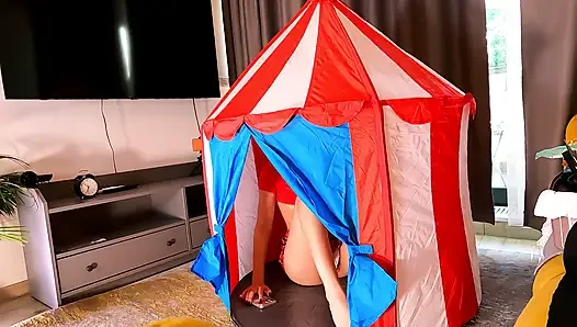 Hot brunette tight pussy petite babe has a circus tent in the middle of the house to play with dicks in it
