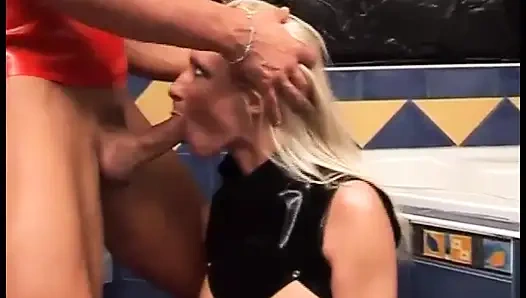 Horny latex babe fucked hard in the bathroom