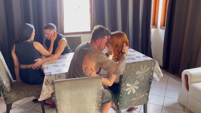 Breakfast at home ends in sex and couple swapping.