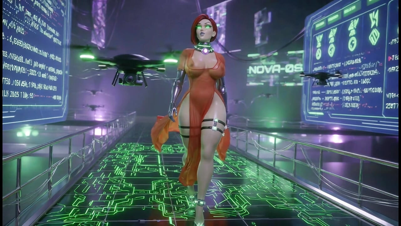 Cyber Catwalk - Nova w przezroczystej czerwonej bieliźnie i futurystycznym złośliwiec"