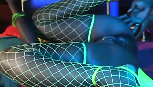 Stunning ebony model with yellow hair gets giand dick inside her holes during the party