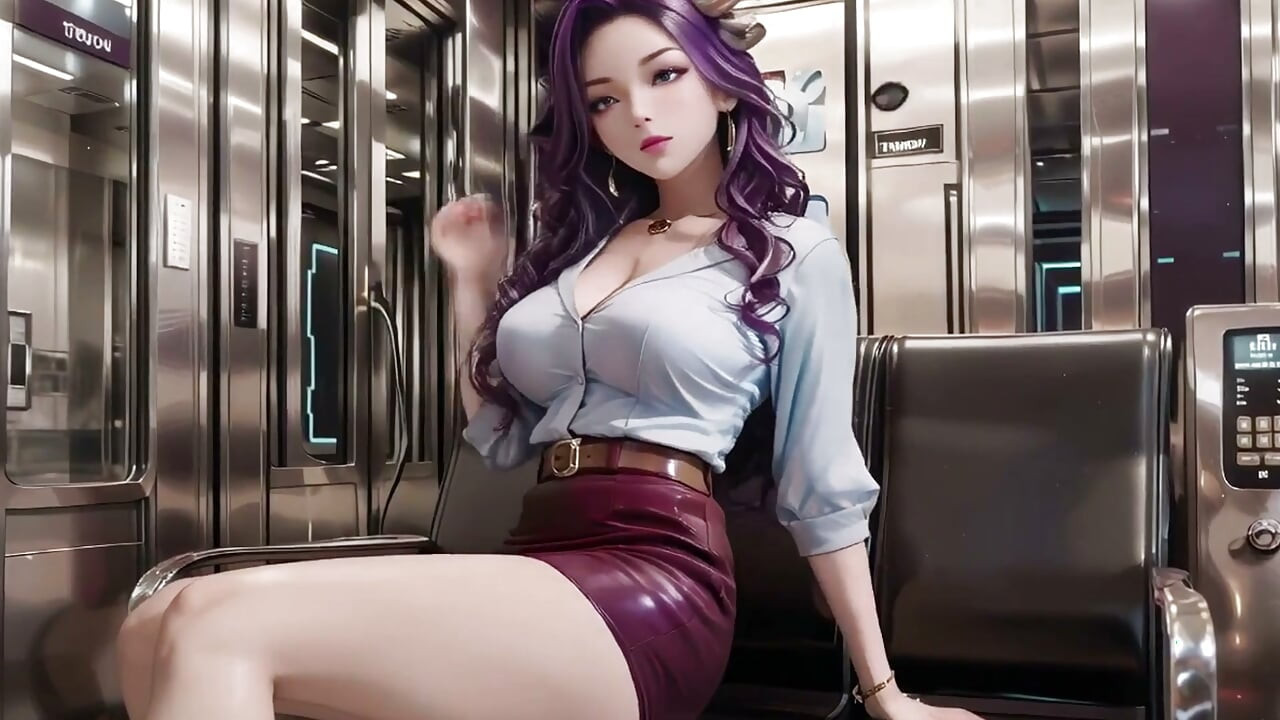 Chefe de cabelo roxo, tabu no escritório! Camisa escura, saia vinho, respondendo e-mails enquanto provoca a câmera.