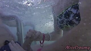 Teen student masturbate my cock in a public pool in front of everyone - it's very risky with people near- MissCreamy