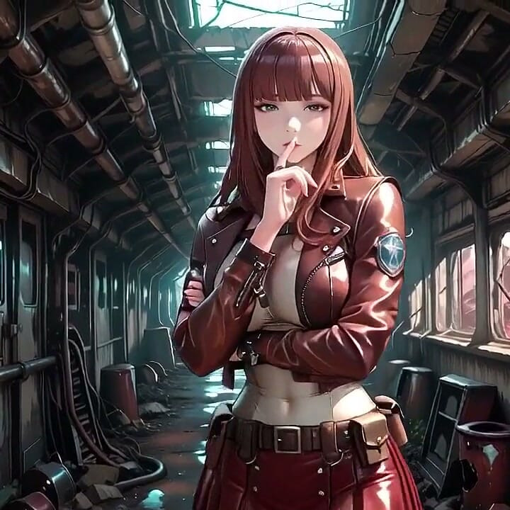 Tight Leather Suit Hugging Her Perfect Hips. She Lounges on the Broken Train Car, Hand Stroking Armor, Eyes Hazy yet Fierce.