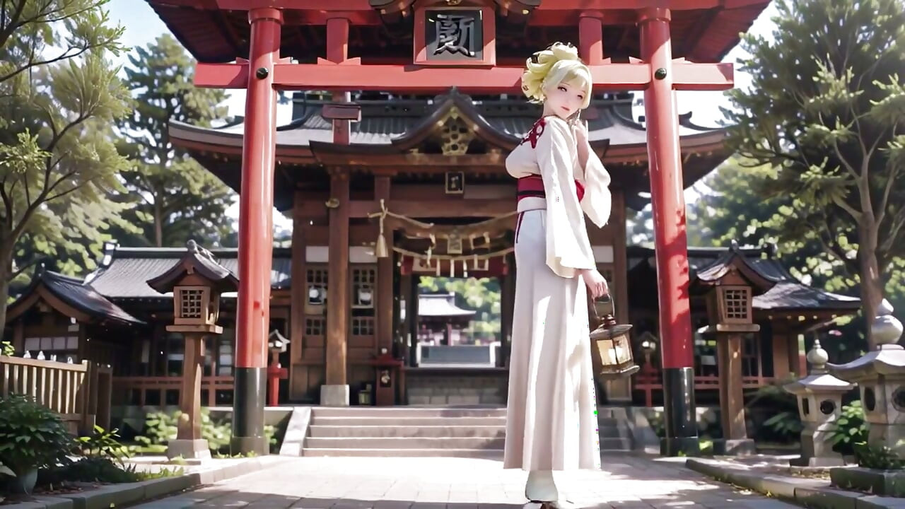 Blondynka Kimono Girl's Shrine Secret! Klęcząc pod Bramą Torii w beżowym zmodyfikowanej kimono