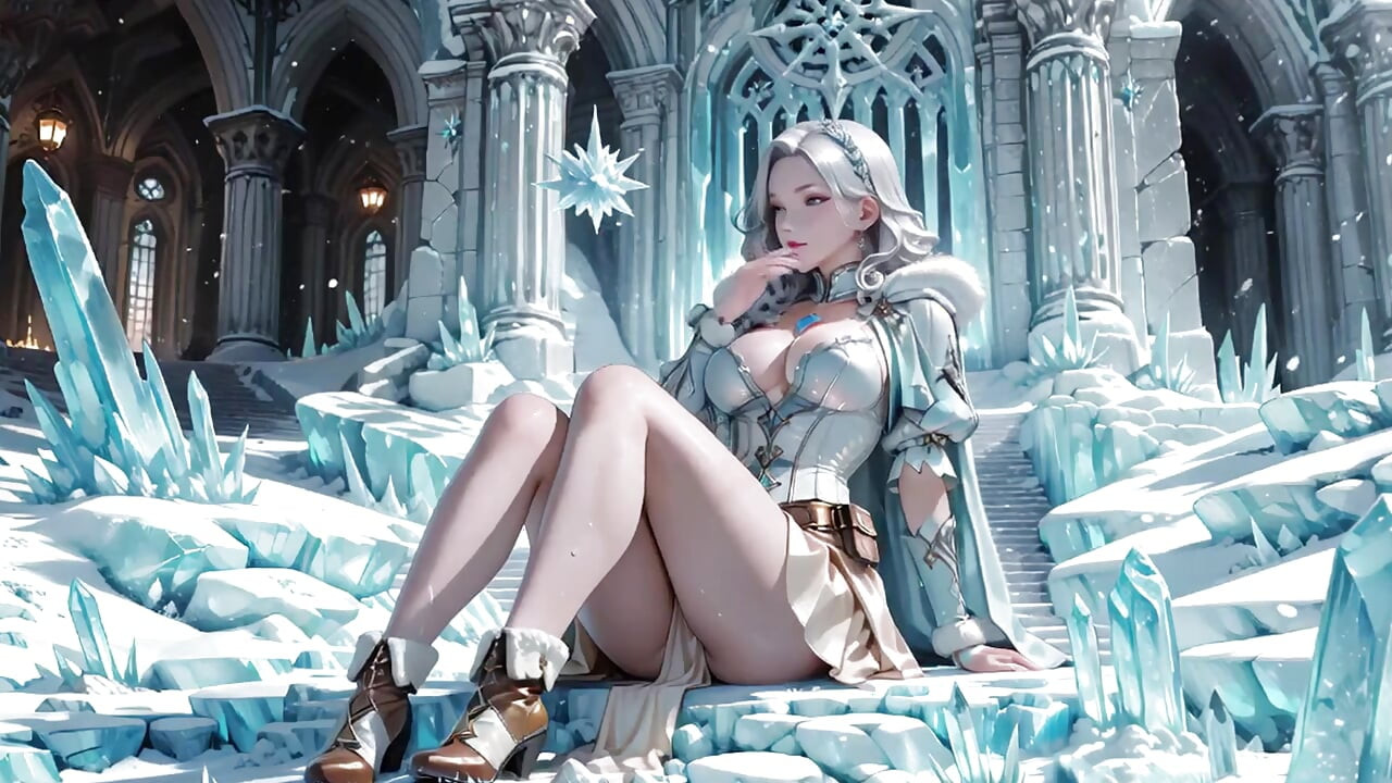 Silver-Haired Ice Queen! Kneeling in the Frozen Castle, her cold armor hides so many secrets. Hand on chest, biting lips...