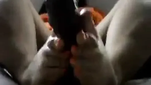 Footjob white feet on black cuck
