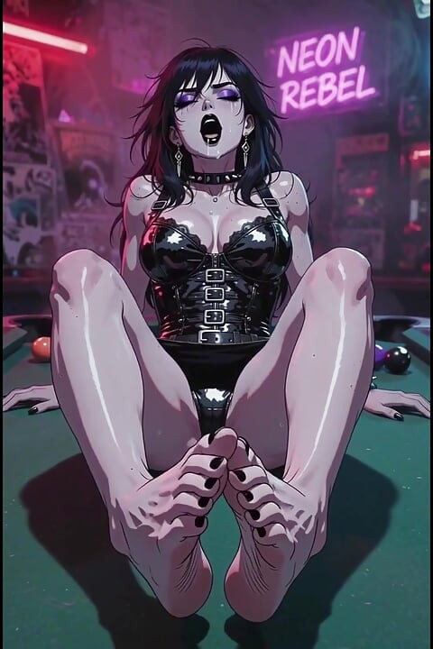 Dark anime woman in bar at billiards, rocker leather