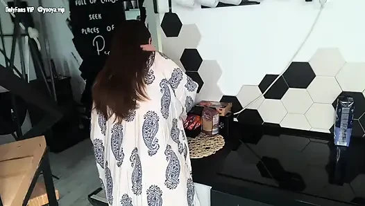Sticky Stepmother's cumshot was caught by her nerdy stepson, and he licked it