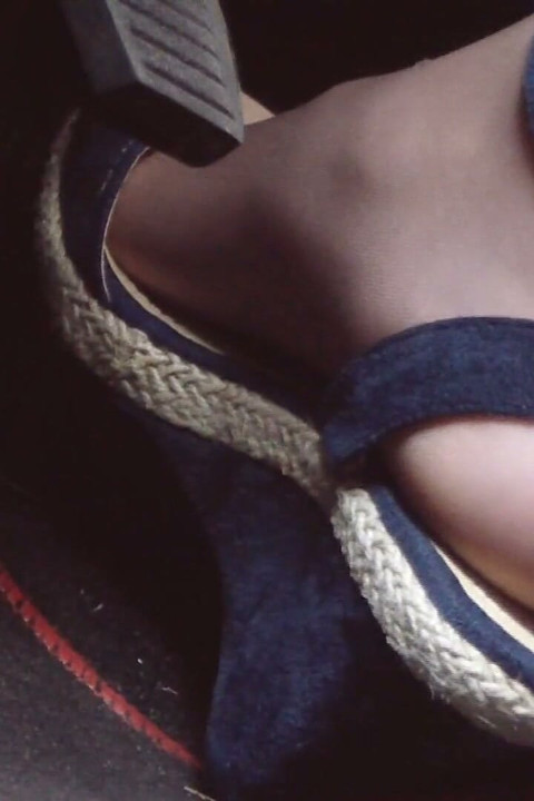 Driving and Revvig in Blue Wedges on My Hosed Feet