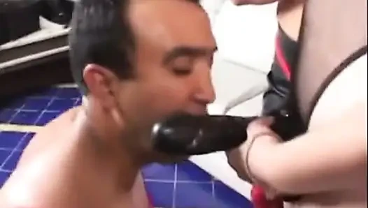Crossdressed man gets punished by two hotties